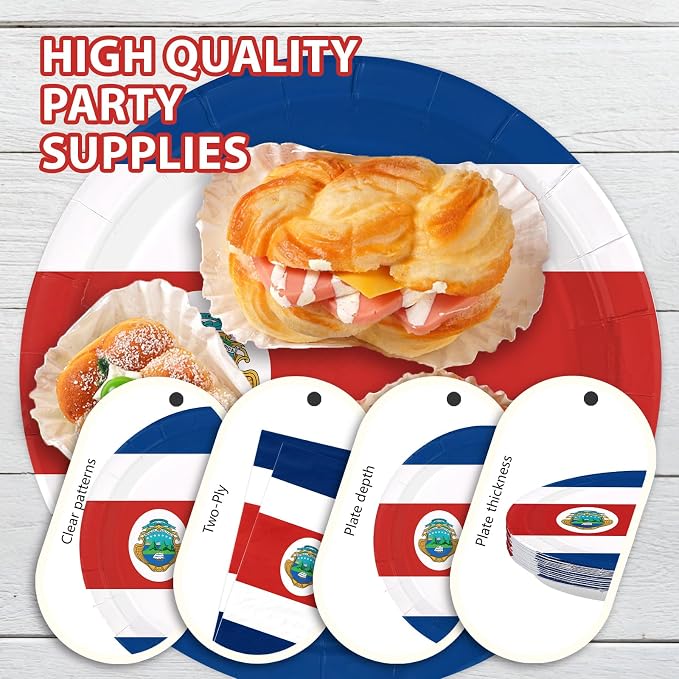 96Pcs Costa Rica Flag Party Supplies Costa Rica Theme Plates and Napkins National Flag Disposable Paper Tableware Set for Sports Event School Party Patriotic Festival Decoration Serves 24