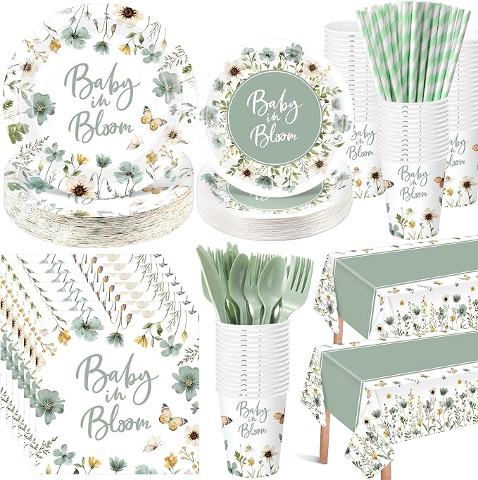 LemonRoad 452 Pcs Sage Green Baby in Bloom Decoration for 50, Green Baby Shower Paper Plates Napkins Cups Tablecloth Cutlery Straws Disposable Tableware for Spring Wildflower Babys Shower Party Supply
