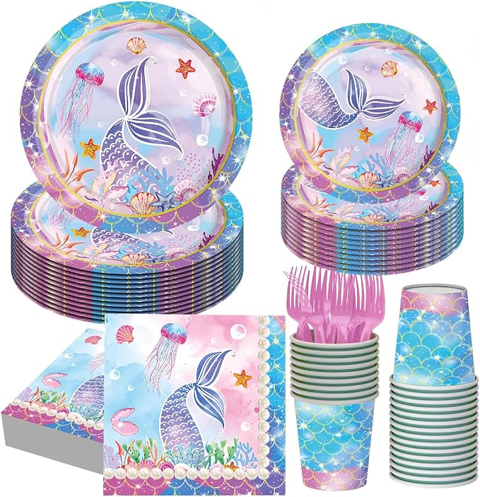 Mermaid Birthday Decorations Disposable Tableware Plates for Baby Shower,Under The Sea Party Supplies Plates,Blue Tableware with Cups,Tablecloth,Banner for Kids Girls,Serve 24