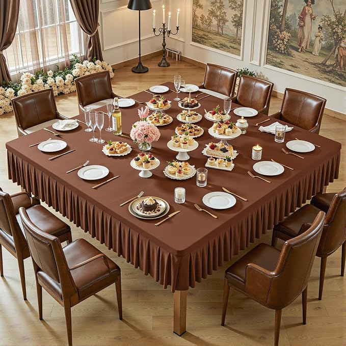 Wish Care Brown Spandex Tablecloths for 60x60 Inch Square Tables, Stretch Fitted Table Clothes with Pleated Ruffle Skirt for 60” Table, Wrinkle Free and Elastic, for Party Kitchen Home Dining