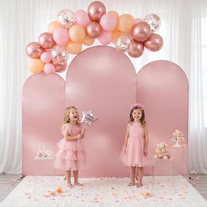 Rose Gold Shimmer Arch Backdrop Cover 6ft/6.6ft/7.2ft 3Set with Zipper,Thick Soft Stretchy Sequin Glitter Spandex Fitted Chiara Cover for Wedding Birthday Baby Shower Graduation Party Photo Backdrop