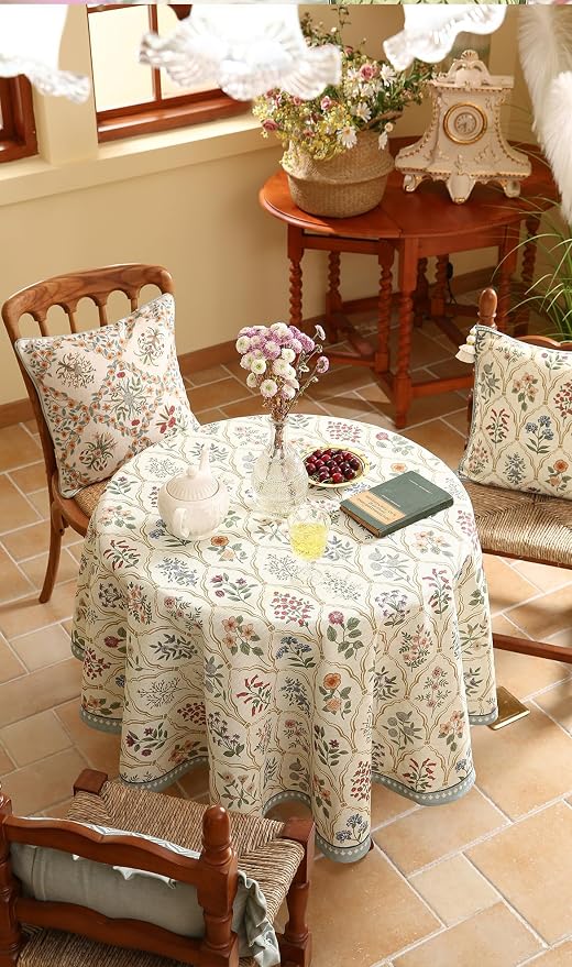 ISAENNE Designer Vintage Round Linen Tablecloth,Diameter 55"-Serenity B | Elegant Small Colorful Floral Pattern Beautiful Heavyweight Table Cloth for Dining Room Tea Party Kitchen Thanksgiving