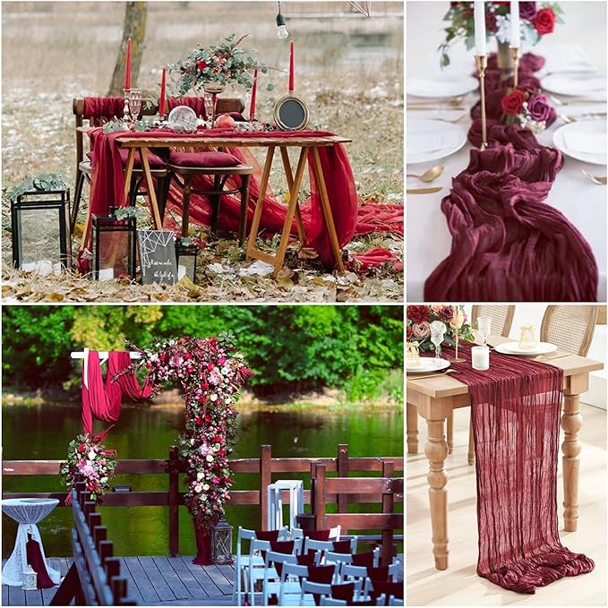 15 Pack Cheesecloth Table Runner 10Ft Gauze Cheese Cloth Table Runner 35x120Inch Rustic Boho Table Runners for Wedding Birthday Party Bridal Baby Shower Anniversary Engagement Holiday Decor(Burgundy)