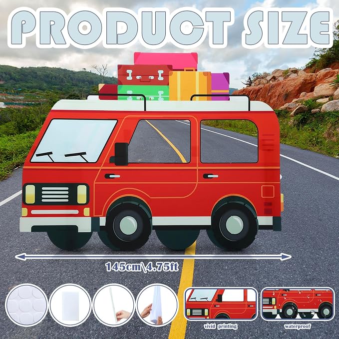 Amyhill 4.7 Feet on the Road VBS Red Van Cardboard Cutout Stand up Life Size Sunday School Backdrop Decor Christian Road Trip Party Decoration Photo Props Standup for Religious Church VBS Party Decor