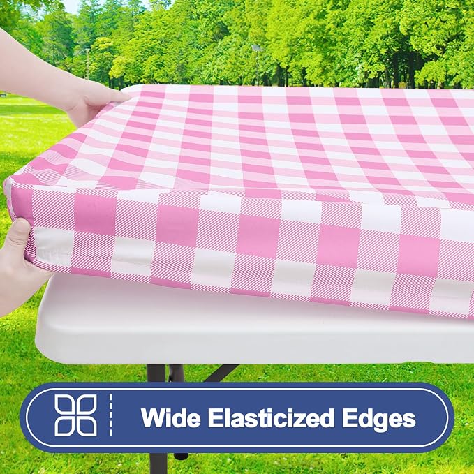 Smiry Picnic Table Cloth 6 Pack, Waterproof Elastic Fitted Tablecloths for 4FT Rectangle Tables, Washable Polyester Buffalo Plaid Tablecloth for Camping, Dining & Outdoor (Pink & White, 30" x 48")