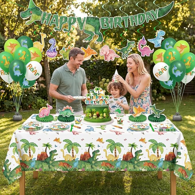 210 Pcs Dinosaur Birthday Party Decorations Serves 24 ，Dino Roar Party Supplies with Banner Hanging Plates Napkins Cups Forks Knives Tablecloth Topper Balloons for Boy Party