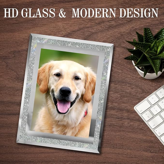 HIKWADERY 5x7 Picture Frames Silver - Set of 2, Sparkle Real Glass 5 by 7 Photo Frame Mirrored Edge Great Gift, for Tabletop Display, Wedding Birthday Mothers Day Gifts (5 x 7, Glitter Silver)