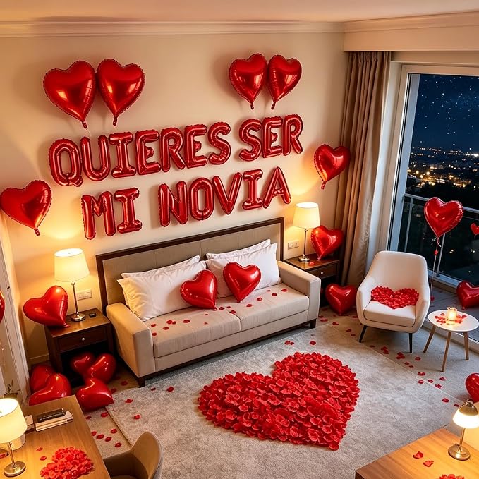 2 Set Red QUIERES SER MI NOVIA Balloons - 1200pcs Red Artificial Rose Petals 34pcs 16" Letter Balloon 10pcs 18" Heart Balloons Alphabet Foil Mylar Balloon for Valentines Day Decorations