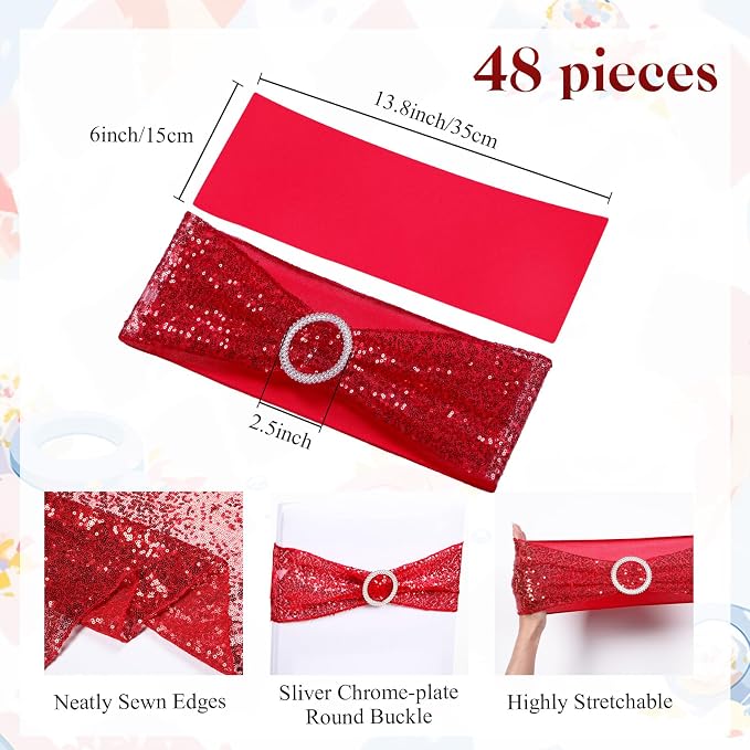 Newwiee 54 Pcs Red Sequin Chair Sashes and Table Runners, 48 Sequin Chair Bows, 6 Glitter Table Runners for Birthday Party Wedding Banquet Holiday Decorations