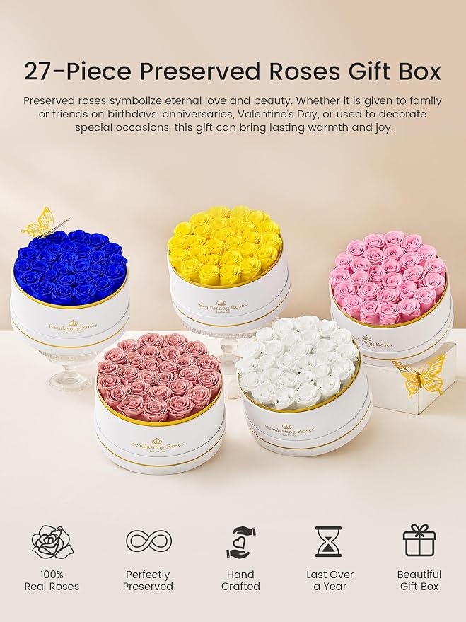 27 Preserved Roses Forever Flowers Real Roses in a Box Mother's Day Birthday Flowers for Her Mom Women Wife Valentine's Day, Pink Roses