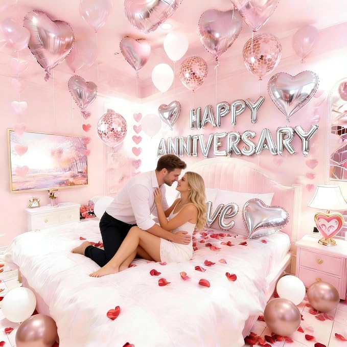 Rose Gold Anniversary Decorations Kit – 1000 Rose Petals, Happy Anniversary Banner, Love Heart Balloon – Romantic Room Decor Set for Wife, Husband, Parents, Valentine's Day Anniversary Surprise