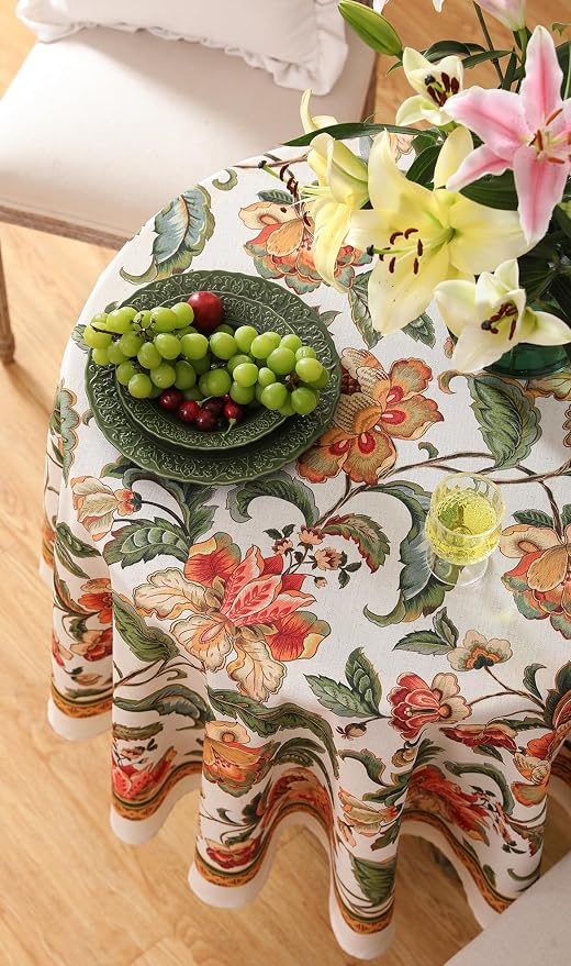 patdrea Vintage French Linen Tablecloth,Round,Diameter 55"-Santiago A | Elegant Print Table Cloth for Round Table,Colorful Floral Patterned,for Dining Room Tea Party Vender Banquet
