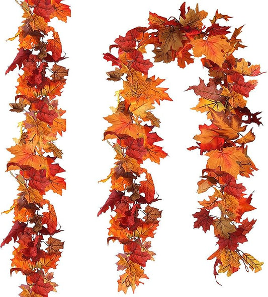 CQURE 2 Pack Fall Leaf Garland, 5.9Ft Autumn Garland Artificial Maple Leaf Garland Fall Leaves Hanging Vines Fall Maple Leaves Thanksgiving Decor for Home Christmas Fireplace Party