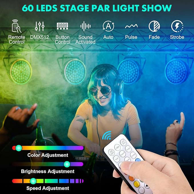 90W RGB Stage Par Lights with Ambient Light Strip - Dual Layer Halo Effect, DMX512 & Sound Activation, 60 LEDs Uplight for Wedding Party DJ Church Concert Indoor (2 Pack)