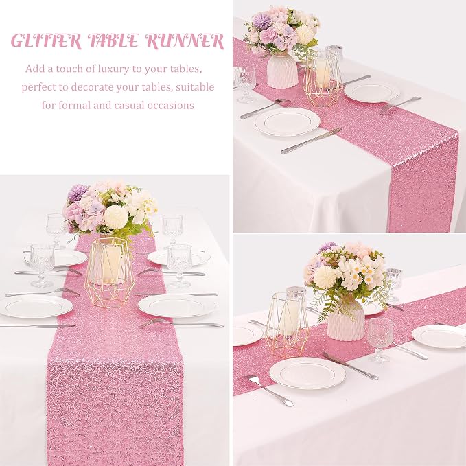 6 Pack Pink Valentine's Day Sequin Table Runner Table Cloths 12" x 70" Sparkle Table Runner for Baby Bridal Shower Wedding Birthday Party Table Decor (Pink)