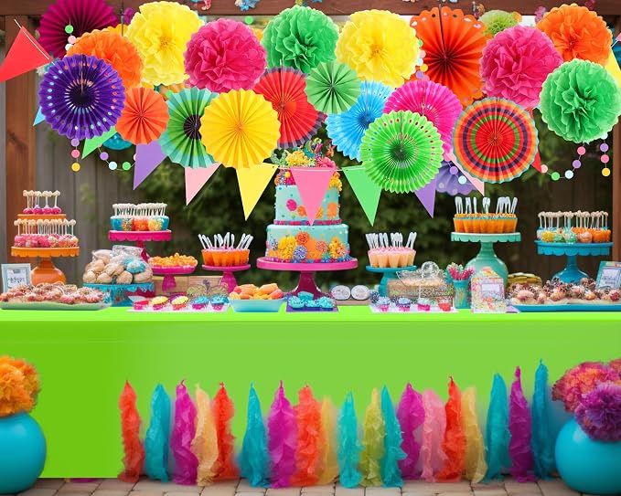 Fullhawl 27 Pcs Mexican Party Decoration, 6 Pack Disposable Tablecloth 21 Pcs Hanging Paper Fans, Pom Poms Flowers, Garland String Polka Dot and Triangle Flag Set for Rainbow Birthday Fiesta Party