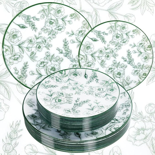 60PCS Green Floral Plastic Plates - Elegant Floral Disposable Plates - Heavy Duty Decorative Plate Sets Include 30 Dinner & 30 Dessert Plate for Wedding & Party & Spring