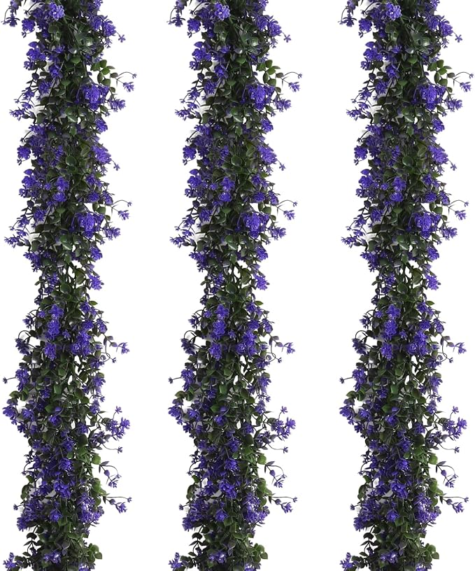 RECUTMS Fake Hanging Eucalyptus Garlands Artificial Vines Plants Eucalyptus Leaves with Flowers Greenery Spring Floral Garland for Home Wedding Wall Arch Party Decoration(Purple)