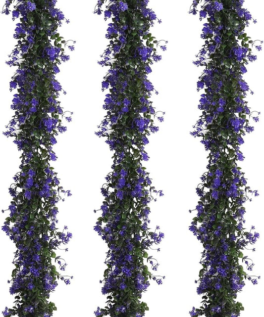 RECUTMS Fake Hanging Eucalyptus Garlands Artificial Vines Plants Eucalyptus Leaves with Flowers Greenery Spring Floral Garland for Home Wedding Wall Arch Party Decoration(Purple)