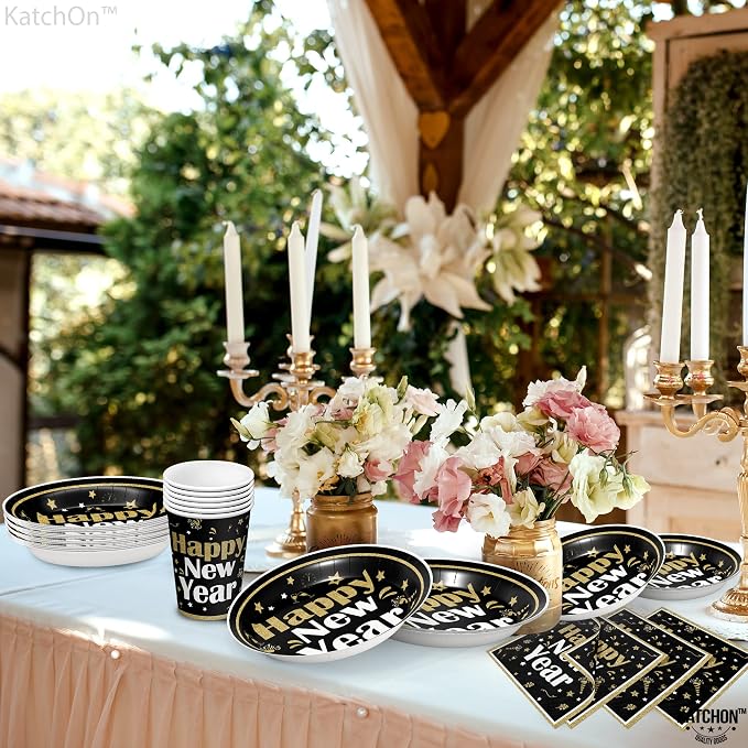 KatchOn, New Years Plates and Napkins Set - Serves 25 Guests | Black and Gold Plates, Cups, and Napkins | New Years Eve Party Supplies 2026 | Happy New Year Eve Plate, NY Party Decorations Favors