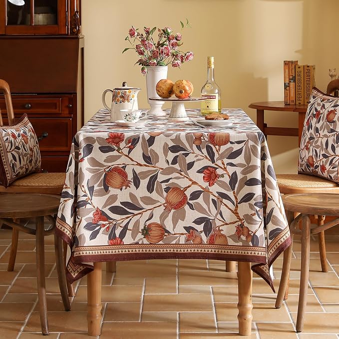 patdrea Vintage French Linen Tablecloth,Rectangular,87"x63" | Elegant Beautiful Table Cloth for Rectangle Table,Natural Floral Block Print,for Dining Room Tea Party Thanksgiving