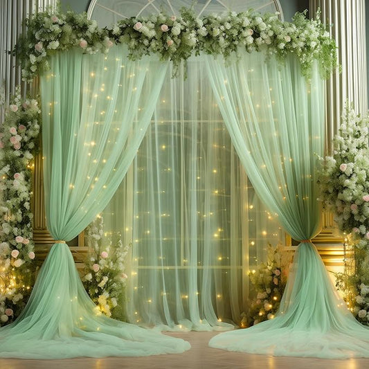 20x10ft Green Tulle Backdrop Curtain with Lights String for Parites, Sheer Photo Backdrop Curtains with Lights for Wedding Backdrop Ceremony Reception Bridal Shower Baby Shower Birthday Party