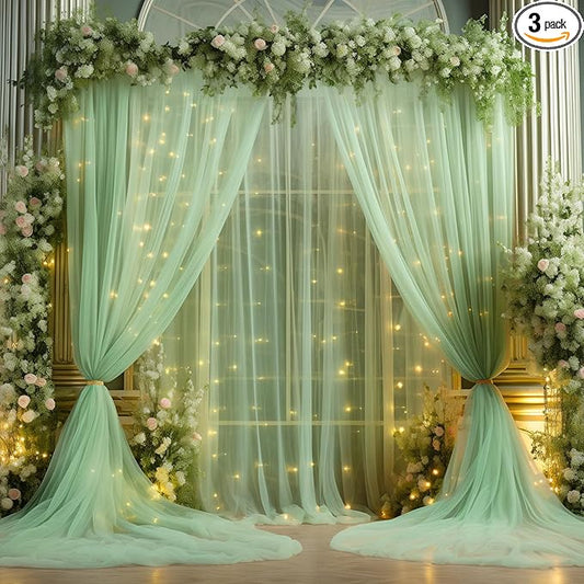 30x8ft Olive Green Tulle Backdrop Curtain with Lights String for Parites, Sheer Photo Backdrop Curtains with Lights for Wedding Backdrop Ceremony Reception Bridal Shower Baby Shower Birthday Party