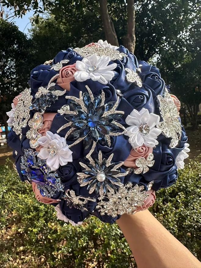 Dusty Pink and Navy Blue Bridal Wedding Bouquet with Luxury Rhinestone Brooch Bling Bouquet for Bride Bridesmaid Quinceanera Satin Rose Artificial Flower Bouquet Wedding 7.1in