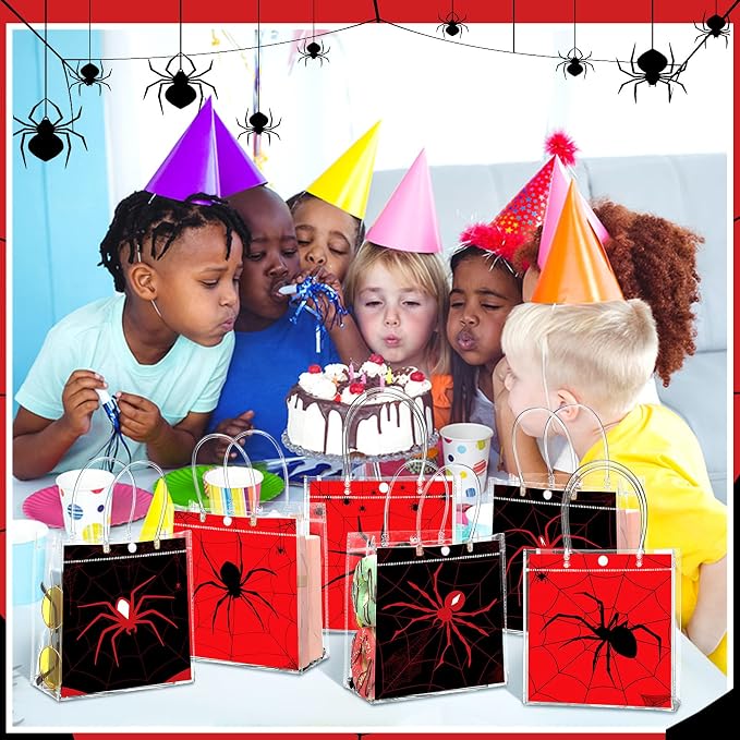 Teenyyou 24 Pcs Spider Party Favor Bags Bulk Spider Web Clear PVC Goodie Reusable Transparent Treat Snack Cookie Candy Bags with Handles for Birthday Party Supplies
