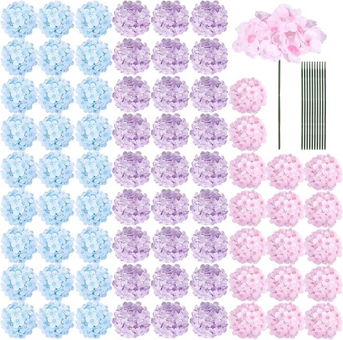 Auihiay 64Pcs Hydrangea Artificial Flowers Bulk, Faux Hydrangea Flowers Heads with Stems for Wedding Centerpieces Baby Shower Living Room Dining Table Bridal Shower Graduation Decor (Mixed Color)
