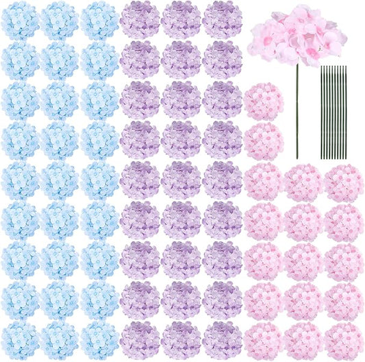 Auihiay 64Pcs Hydrangea Artificial Flowers Bulk, Faux Hydrangea Flowers Heads with Stems for Wedding Centerpieces Baby Shower Living Room Dining Table Bridal Shower Graduation Decor (Mixed Color)
