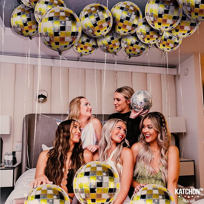 KatchOn, Shiny Disco Ball Balloons - Big 22 Inch, Pack of 12 | Foil Black and Silver Disco Balloons for Disco Ball Decor | Black and Gold Graduation Decorations | Bachelorette Party Decorations