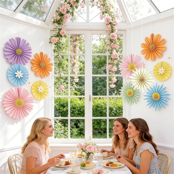 SUNBEAUTY14PCS Pastel Paper Fans Party Decoration Paper Flowers Decorations for Wall Hanging Paper Flowers Floral Backdrop Flower Garland for Birthday Baby Shower Spring Decor Classroom Decorations