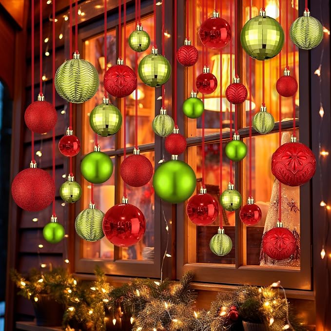 36 Pcs Christmas Balls Ornaments for Ceiling, 1.6'' 2.4'' 3.2'' Large Big Shatterproof Christmas Hanging Decorations Balls for Tree Xmas Holiday Party Indoor(Red, Emerald Green)