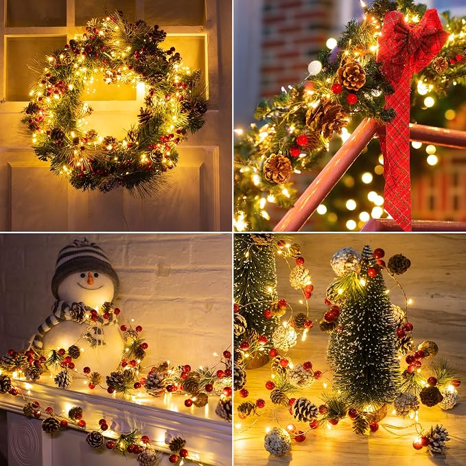 Minetom Christmas Pine Lighted Garland Decor, 9.8 Ft 60 LED with 8 Modes | Red Berry Pine Cone Battery Operated Christmas Garland Lights, Remote Control for Mantle Fireplace Stairs Xmas Indoor Decor