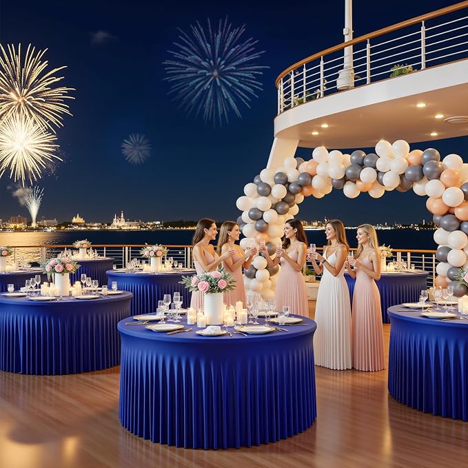 2 Pack Royal Blue 60 inch Round Spandex Tablecloth, Washable Stretchy Fitted 5FT Round Tables,Elastic Edge with Skirt, Wrinkle-Free Table Cloths for Wedding Banquet Party Birthday Buffet
