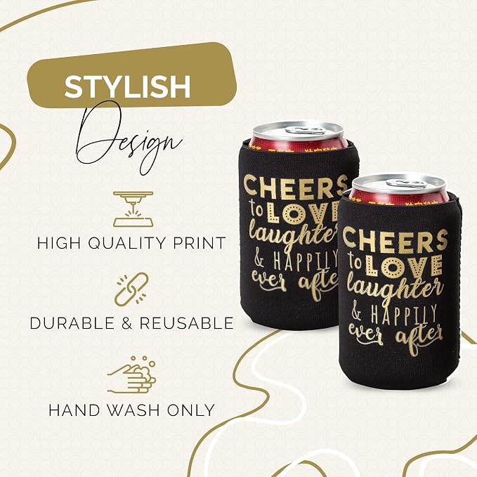 Wedding Can Cooler Decorations Set of 12 - Cheers to Love Laughter and Happily Ever After, Wedding Rehearsal Dinner Decorations - Bridal Showers, Engagement Party Favors for Guests and Supplies