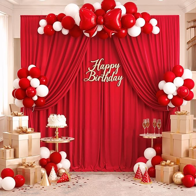 50ft x 10ft Wrinkle Free Red Backdrop Curtains for Parties, 10 Panels 5x10ft Silky Polyester Photo Backdrop Drapes for Christmas Weddings Birthday Party Photography Background Decor