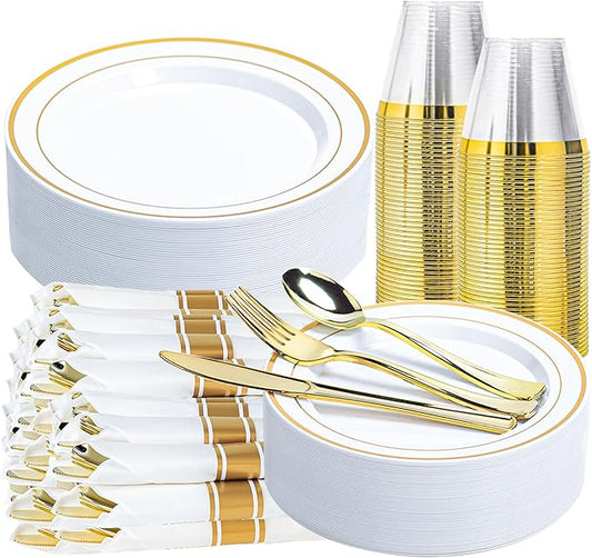 175 PCS White and Gold Plastic Dinnerware Set for 25 Guests, Disposable Party Plates for 25 Guests, Include: 50 Plastic Plates, 25 Pre Rolled Napkins with Gold Silverware, 25 Cups