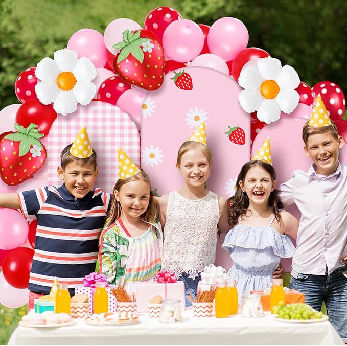 Foilswirl 34 Pieces Strawberry Birthday Party Decorations 4ft 5ft 6ft Arch Backdrop Covers Pink White Checkered Spandex Arch Backdrop Cover Daisies Balloon for Strawberry Sweet Birthday Wedding Party