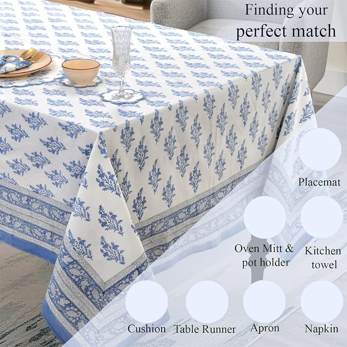 Ridhi Block Print Coastal Blue Rectangle Cotton Tablecloth 160" x 72" Reusable Table Cover Decorative Everyday Use for Dining, Farmhouse, Home Gift for Spring, Easter, Valentine