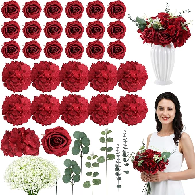 Suncalla 310 Pcs Baby's Breath Artificial Rose Bulk DIY Bouquet Bulk Hydrangea Artificial Flowers Wedding Bouquets Floral Arrangement for Wedding Centerpieces Decor(Wine Red)