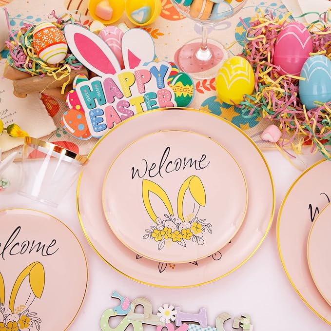 DaYammi 210Pcs Easter Plastic Plates,Pink Gold Party Plates with Bunny Egg Design Include 30 Dinner Plates,30 Dessert Plates,30 Pre Rolled Napkins with Gold Silverware,30 Plastic Cups for Easter Party
