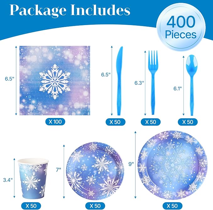 400 Pcs Disposable Winter Frozen Tableware Set for 50 Guests | Heavy-Duty 7" & 9" Paper Plates, Cups, 13" Napkins & Plastic Cutlery Snowflake Party Supplies for Large Winter Gatherings