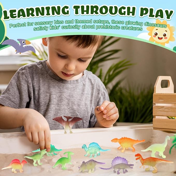SAYAYA 200 Pieces Glow in The Dark Dinosaur Figures Bulk Small Luminous Plastic Dinosaur Cupcake Toppers Birthday Party Favors Supplies Goody Bag Filler Classroom Prizes