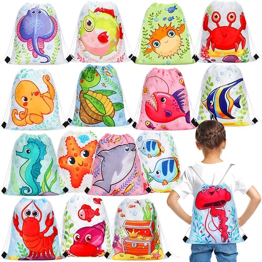 Funtery 32 Pcs Ocean Marine Animal Party Favor Ocean Animal Goodie Candy Bags Under the Sea Gift Drawstring Sea Creatures Party Supplies Backpack for Birthday