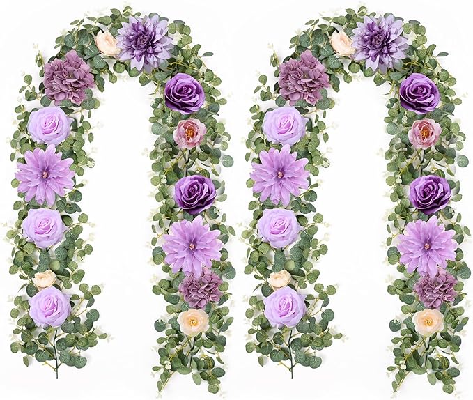 Waipfaru 2 Pcs Flower Garland, 6Ft Eucalyptus Garland with Flowers, Rose Floral Vines for Wedding Reception Table Mantle Room Spring Summer Decor (Purple)