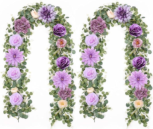Waipfaru 2 Pcs Flower Garland, 6Ft Eucalyptus Garland with Flowers, Rose Floral Vines for Wedding Reception Table Mantle Room Spring Summer Decor (Purple)