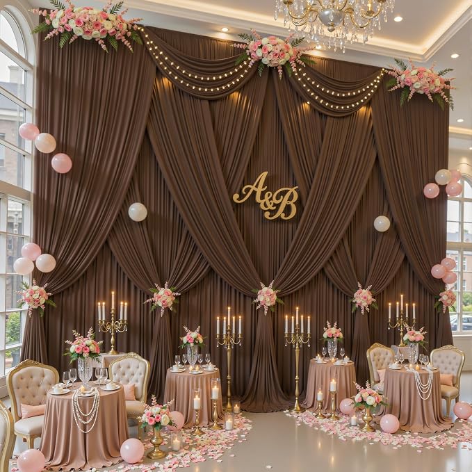 10ftx12ft Wrinkle Free Brown Backdrop Curtain, 2 Panels 12FT Long Wedding Photo Backdrop Drapes, Silky Polyester Back Drop Cloth for Birthday Photography Background Party Backdrop Draping