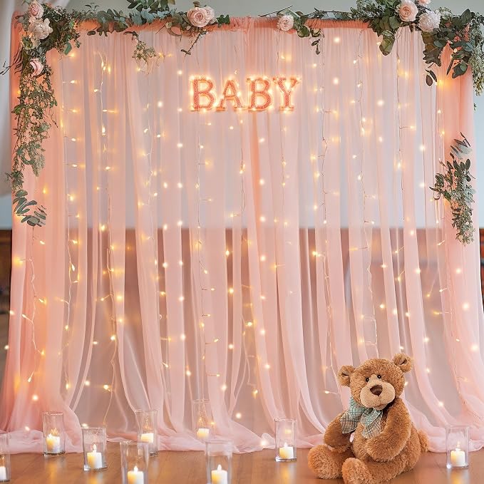 30x10ft Peach Tulle Backdrop Curtain with Lights String for Parites, Sheer Photo Backdrop Curtains with Lights for Wedding Backdrop Ceremony Reception Bridal Shower Baby Shower Birthday Party